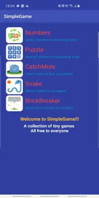 Simple Game (1to25, Puzzle, Mole, Snake, Brick) Screen Shot 0