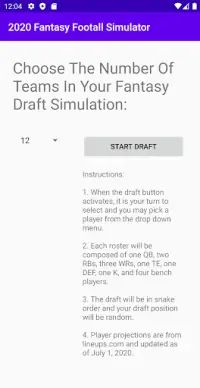 2020 Fantasy Football Draft Simulator Screen Shot 0