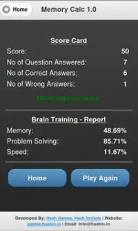 Memory Calc Free - Brain Game Screen Shot 3