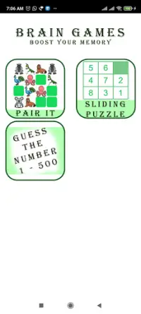 Brain Games, Pair it, Sliding puzzle, Guess Number Screen Shot 0