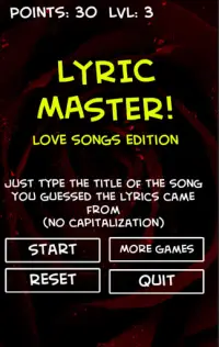 Lyric Master:love songs text based quiz Screen Shot 2